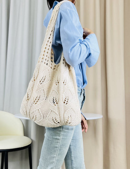 Solid Color Hollow Out Knit Shoulder Tote Bag
