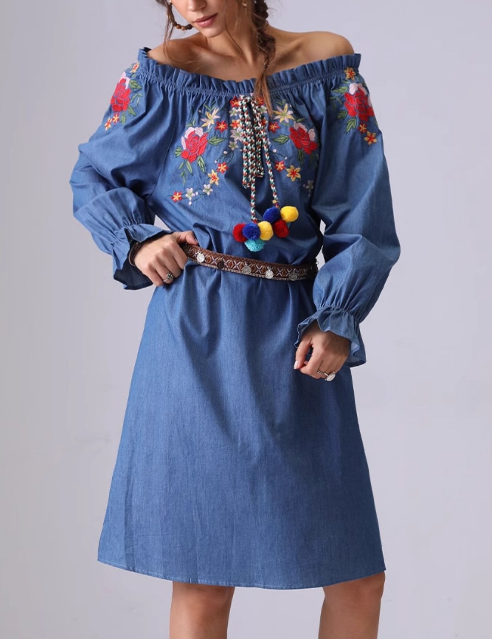 Off Shoulder Flower Embroidered Mid Denim Dress