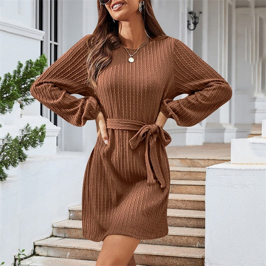 Ladies Belt Long Sleeve Twist Knit Dress Puff Sleeve Casual Dress