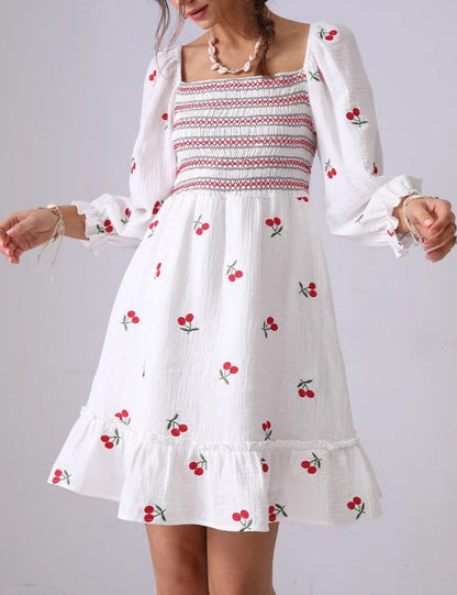 Cherry Smocking Square Collar Midi Dress