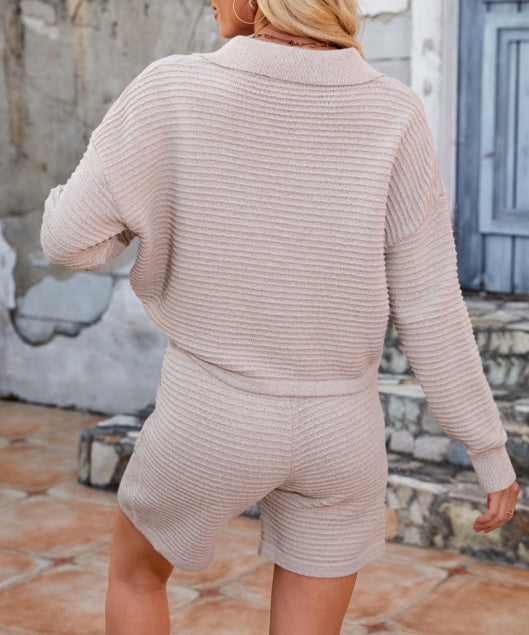 Solid Color V-Neck Sweater Loose Short Knit Set