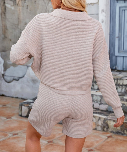 Solid Color V-Neck Sweater Loose Short Knit Set