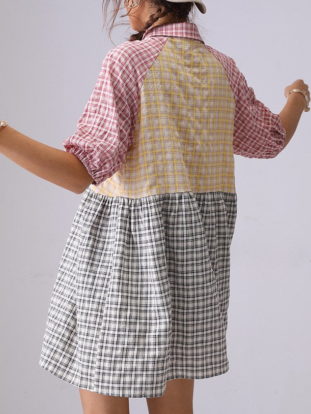 Colorful Plaid Splicing Lapel Mini Dress