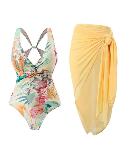 Backless Floral Print Swimwears with Covers