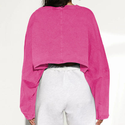 Casual Solid Color Crew Neck Cropped Sweatshirt