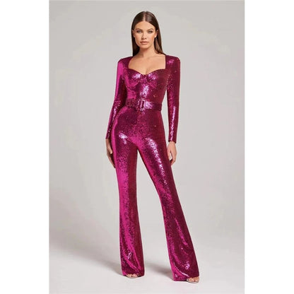Long Sleeve Sequin Belted Jumpsuit Floor Length