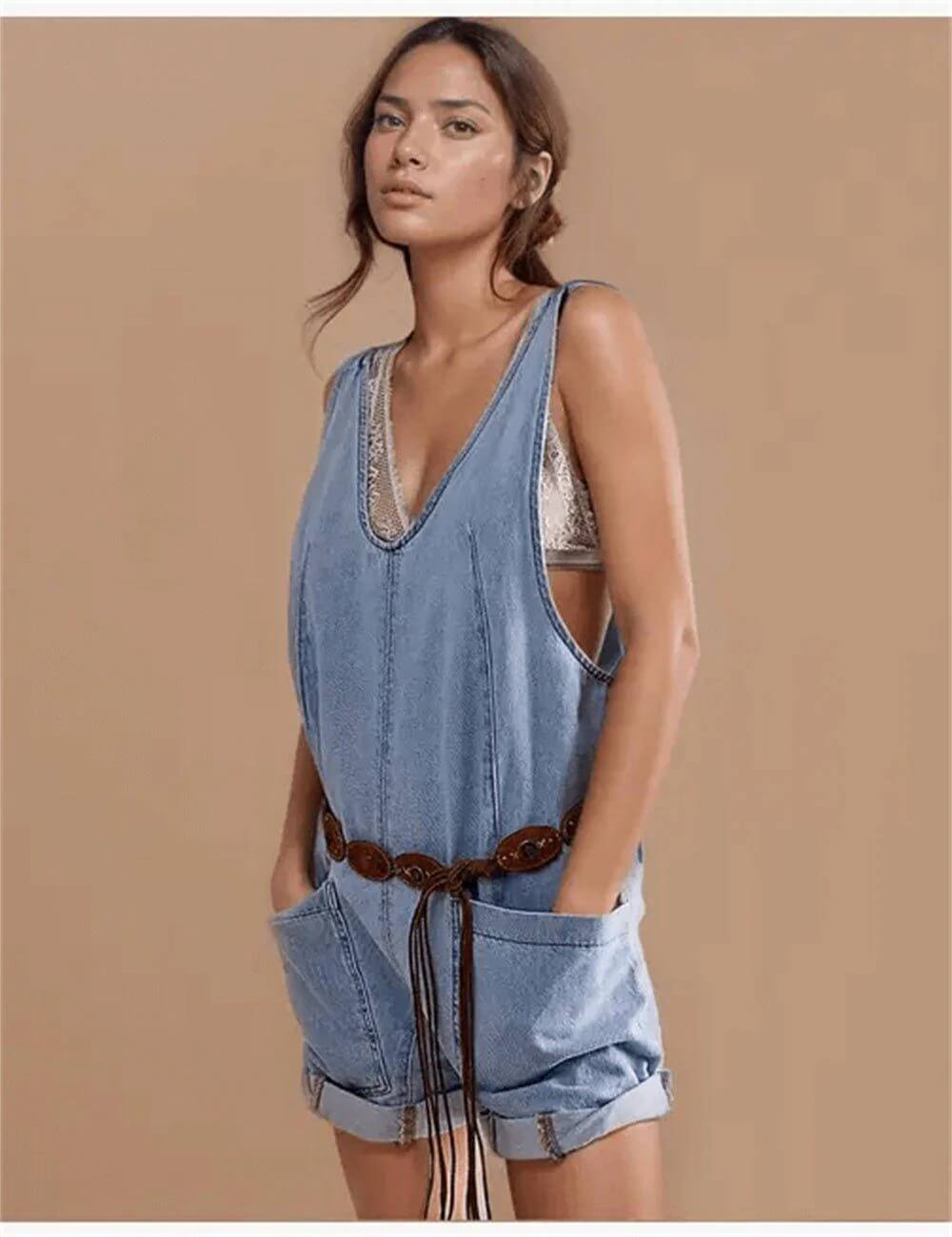 V-Neck Sleeveless Pocket Demin Jumpsuit