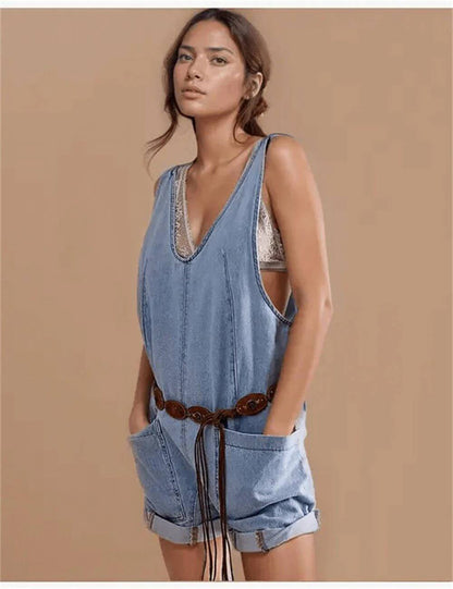 V-Neck Sleeveless Pocket Demin Jumpsuit