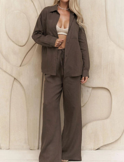 Simple Casual Solid Color Shirt Pant Set