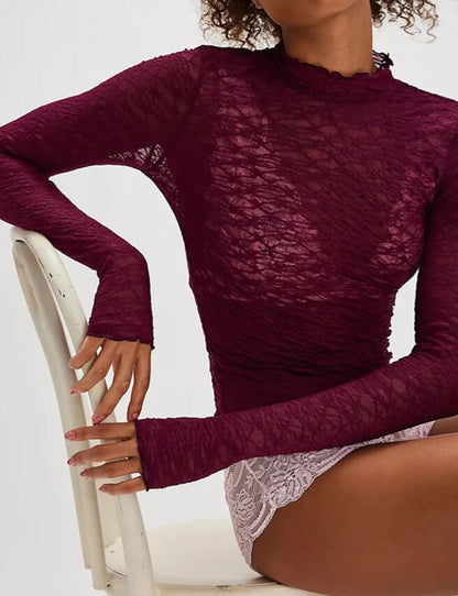 Solid Color Lace See Through Slim Tops
