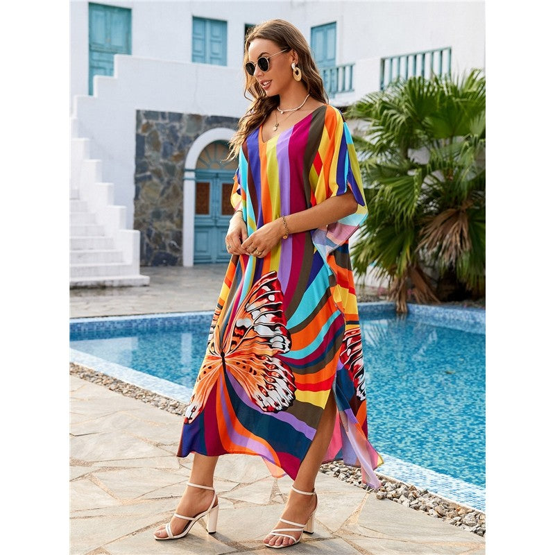 Contrast Color Butterfly Printing V-Neck Short Sleeve Long Beach Dress Bikini Cover-Up
