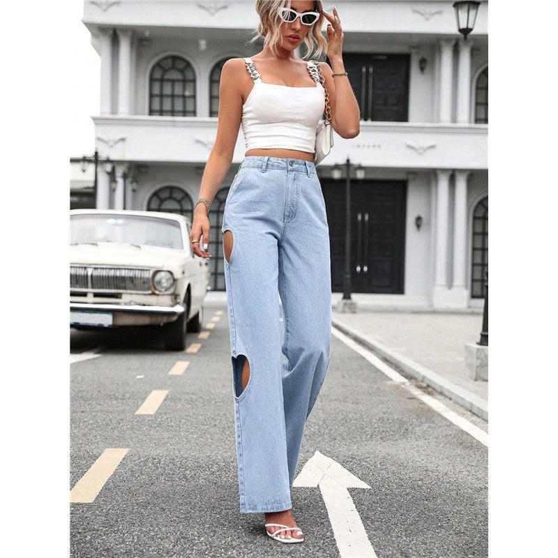 Casual Retro Side Ripped Heart-Shaped High-Waisted Loose Wide-Leg Jeans