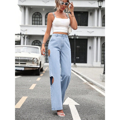 Casual Retro Side Ripped Heart-Shaped High-Waisted Loose Wide-Leg Jeans