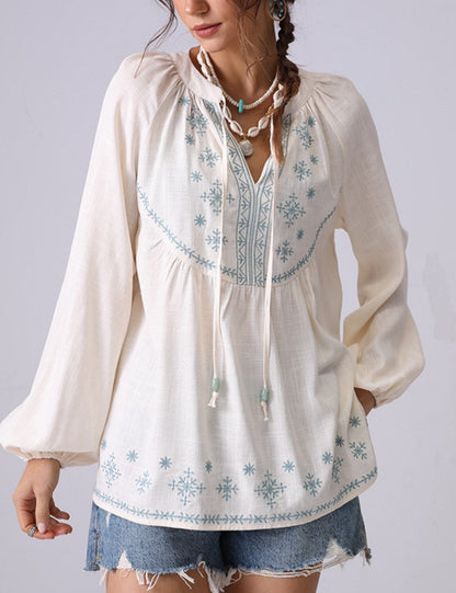 Floral Embroidered V-Neck String Loose Shirt