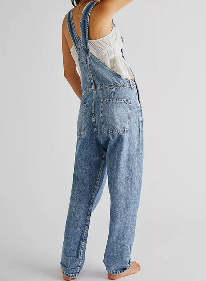 Casual Washed Strap Denim Jumpsuit