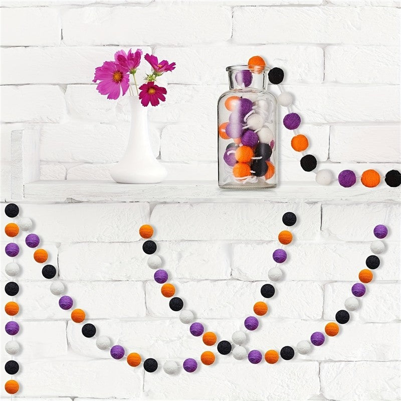 2M 24PCS Colorful Felt Pompoms Pendant Hanging Garland Halloween Decoration