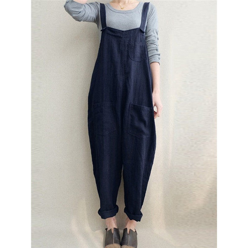 Breathable Pocket Solid Color Baggy Overalls