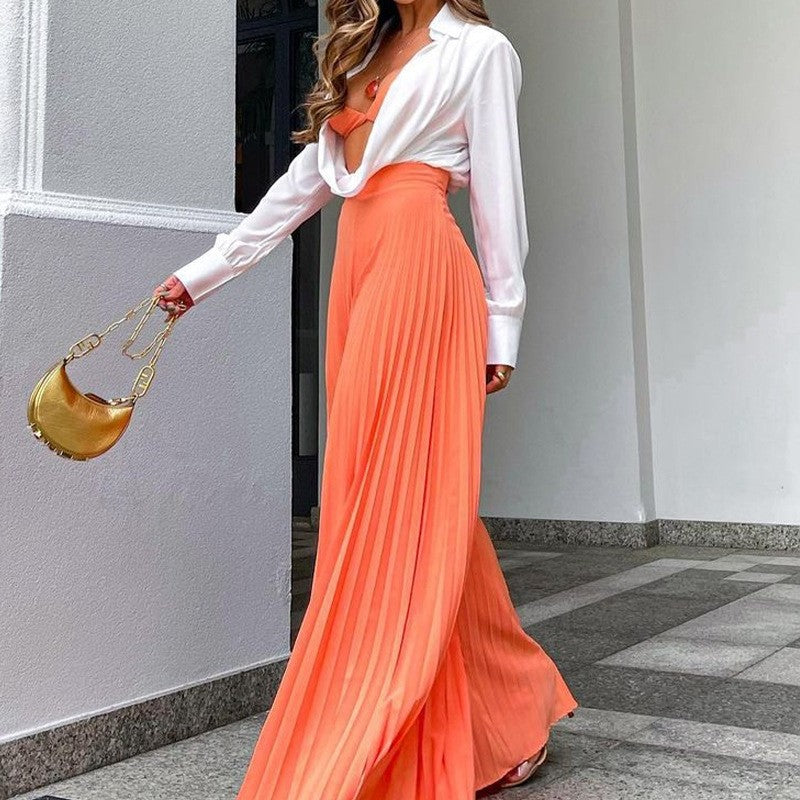 Solid Color Pressed Pleated Long Wide Leg Pants