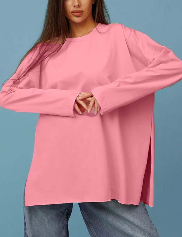 Solid Color Loose Side Split Knit Tops