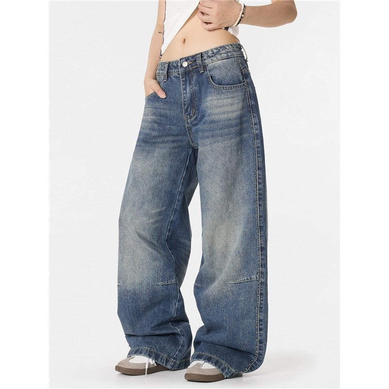Washed Distressed Straight Wide Leg Pants