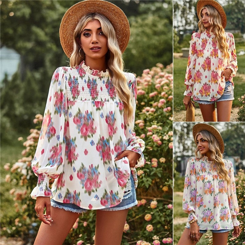 Long Sleeves Floral Printed Double-Layer Blouse