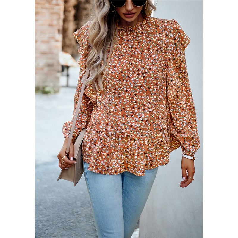 Lace Collar Floral Wood Ear Trim Shirt
