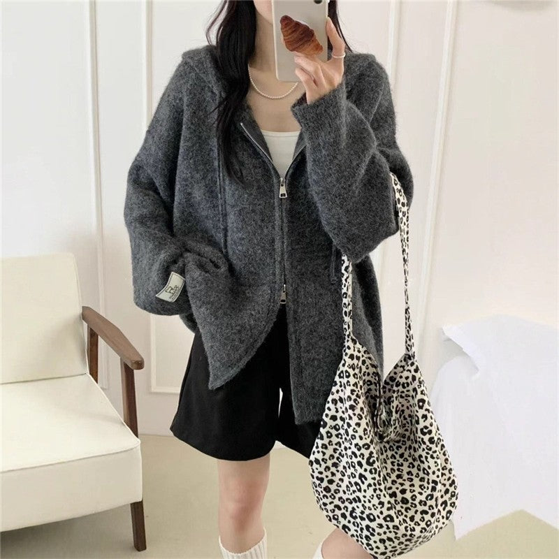 Hooded Zip-Front Knit Cardigan Women's Thickened Loose Fit Sweater