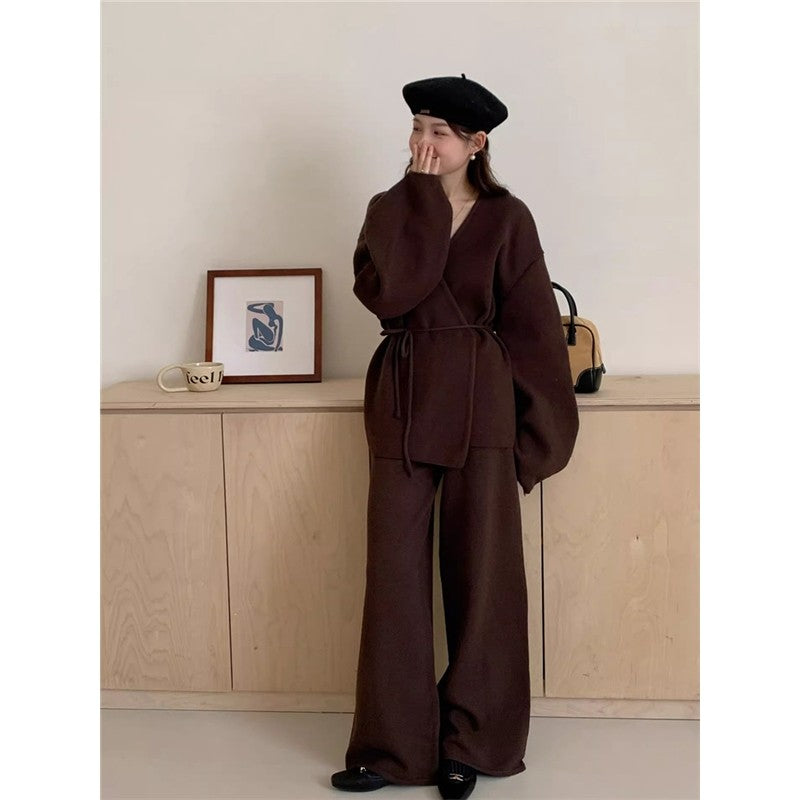 Knit Cardigan With Wide-Leg Pants Set American Retro Style Two-Piece