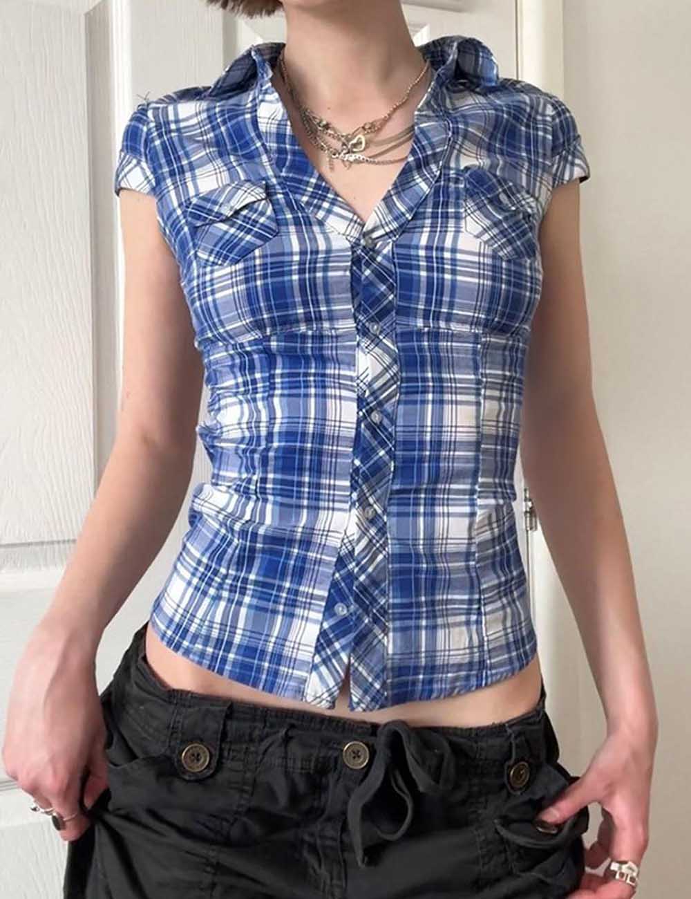 Vintage Plaid V-Neck Short Sleeve Shirt