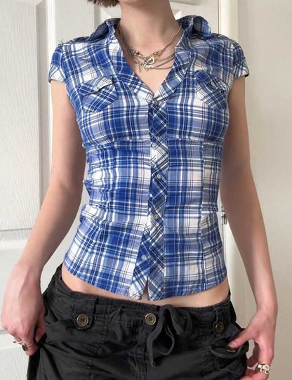 Vintage Plaid V-Neck Short Sleeve Shirt