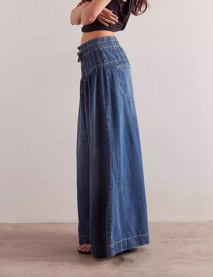 Casual Pleated Mid Waist Wide Leg Jeans