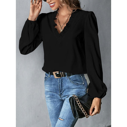 Long Sleeves Loose Ruffled Solid Color V-Neck Blouses&Shirts Tops