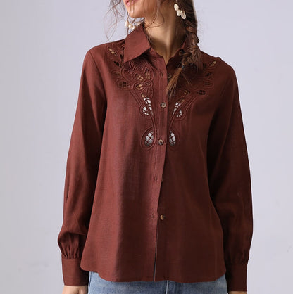 Hollow Embroidered Lapel Button Down Shirt