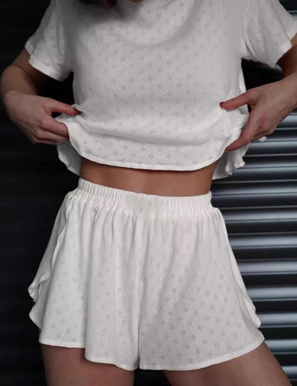 Simple Top Split Shorts Knit Loungerwear Set