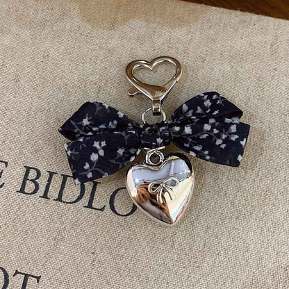 Elegant Floral Print Bow Heart Keychain Charms