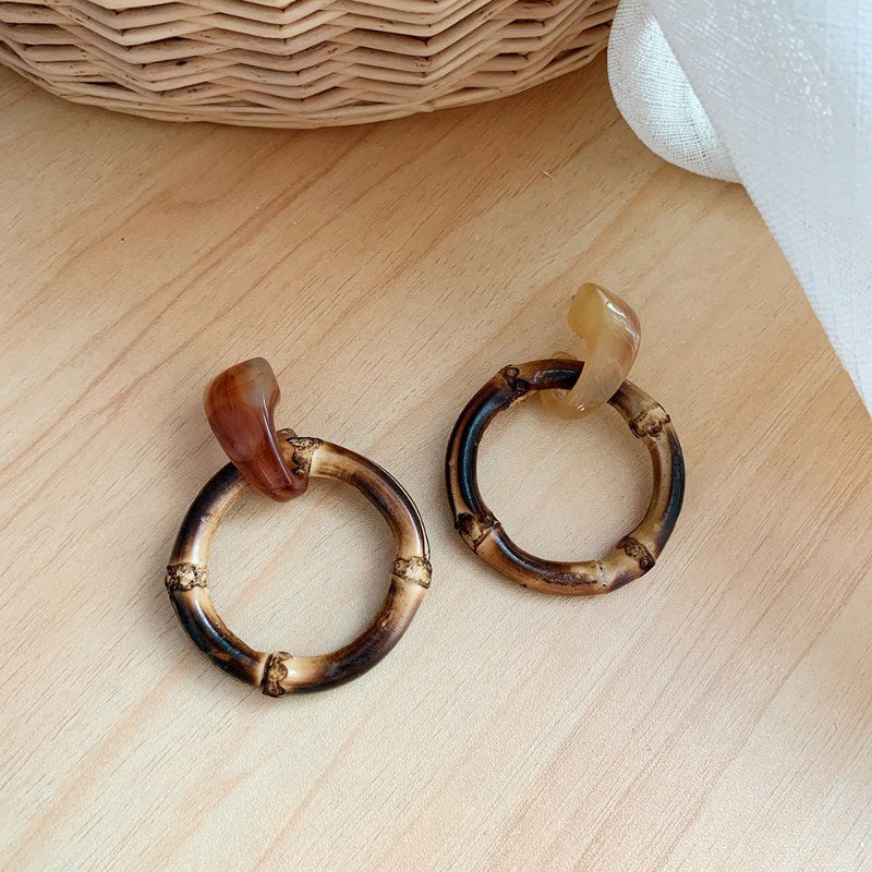 Bamboo Resin Acrylic Stud Drop Earrings