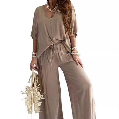 Solid Color V-Neck Bat Sleeve Top Long Pants Set