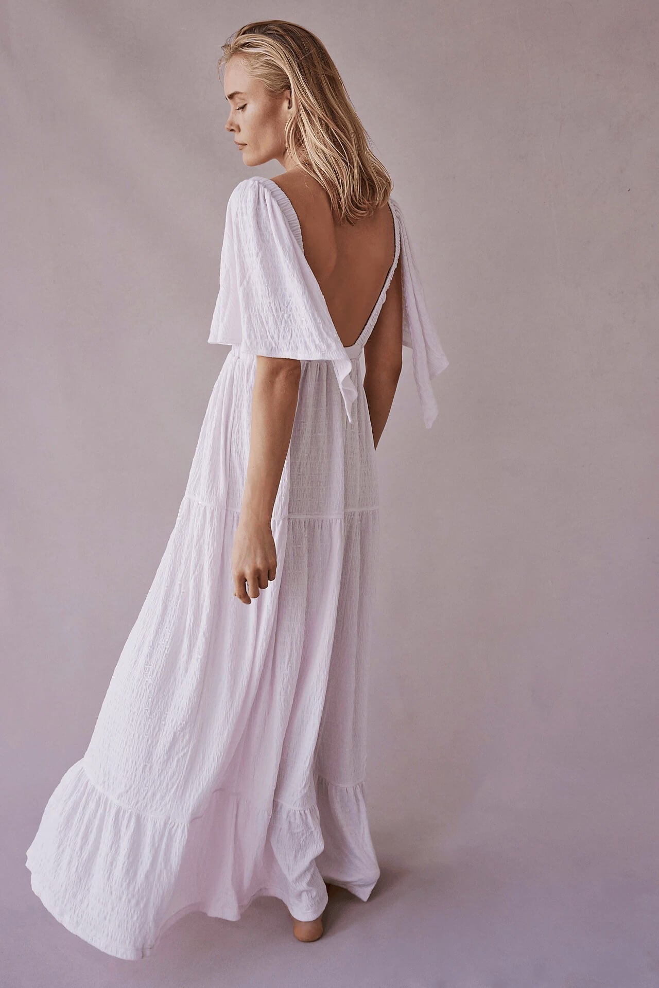 V-Neck Backless Short Sleeves Maxi Dress