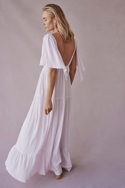 V-Neck Backless Short Sleeves Maxi Dress