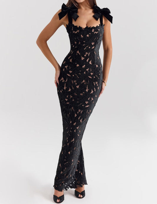 Bow Hollow Wrap Split Maxi Dress