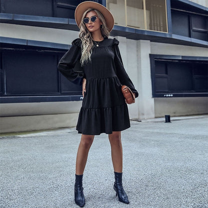 Long Sleeve Black Loose Hepburn Style Dress