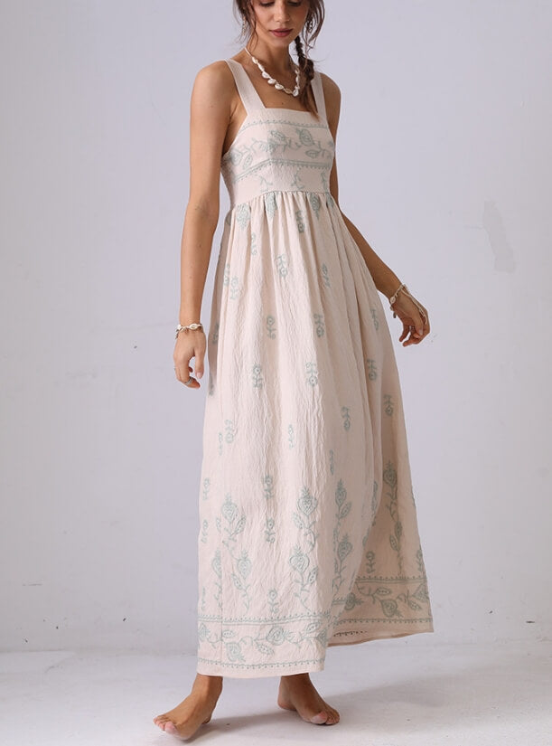 Floral Embroidered Backless Strap Maxi Dresses