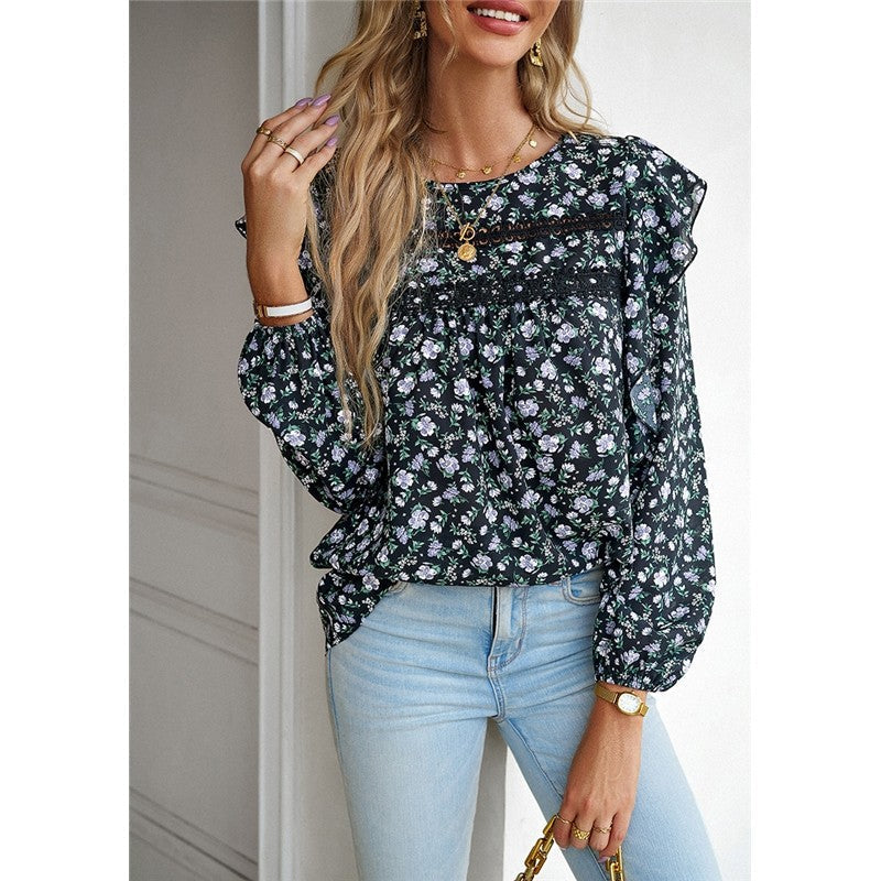 Round Neck Long Sleeve Floral Shirt