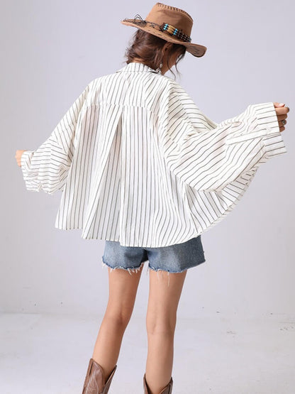 Casual Striped Lapel Collar Batwing Sleeve Top