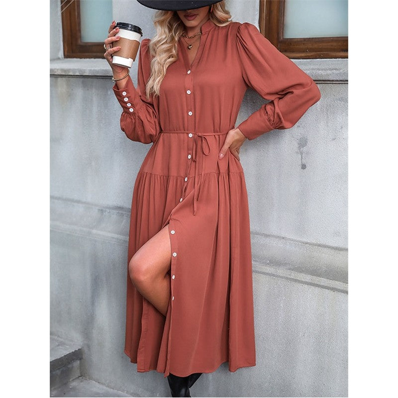 Solid Color V-Neck Elastic Band Cardigan Button-Down Long-Sleeved Dress