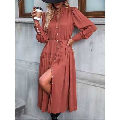 Solid Color V-Neck Elastic Band Cardigan Button-Down Long-Sleeved Dress