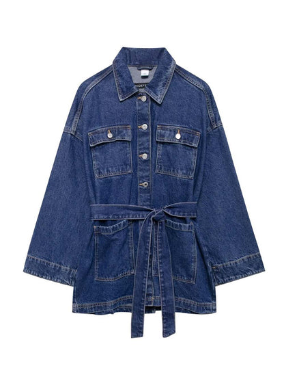 Lapel Collar Tie Waist Casual Denim Jacket