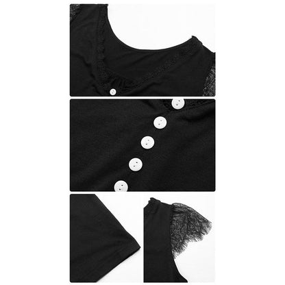 Short-Sleeve V-Neck Lace Black Blouse