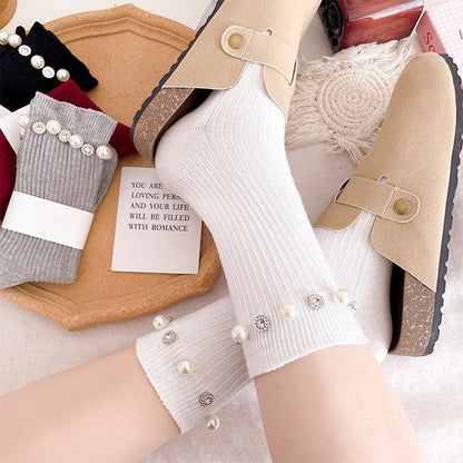 Rhinestone Pearl Solid Color Sweet Socks