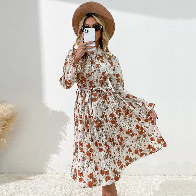 Printed Belted Half Turtleneck Dress With Petal Sleeves
